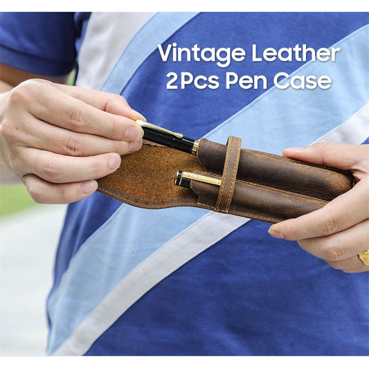 Leather 2 Slots Pen Holder Case Luxury Fountain Pen Sleeve Organizer Bag, Closing with Drawer Design, Gift Choice for Man/Woman/Office, Matte Coffee