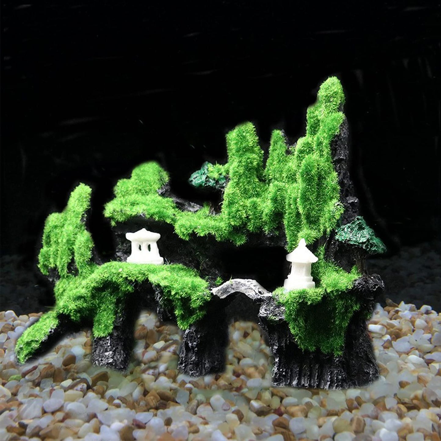 Fish Tank Mountain View Decoration Aquarium Stone Ornament Bridge with Moss Tree House Cave for Small Betta Shrimp Hide