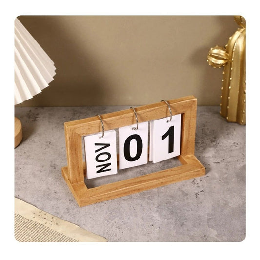 Wooden Perpetual Calendar,Reusable Desktop Flip Calendar,Retro Decorated Office Desk Calendar,Suitable for Home Offices Desktop Accessories (Wood color)