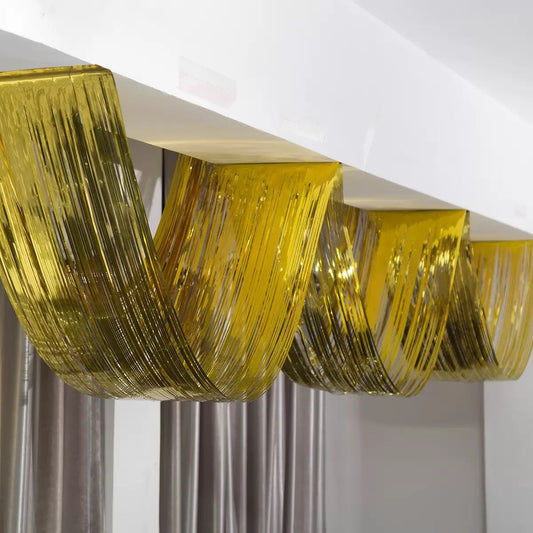 2 Piece Gold Metallic Plastic Fringed Ceiling Curtains, 33cm*450cm, Shimmering Party Decorations, Photo Backdrops