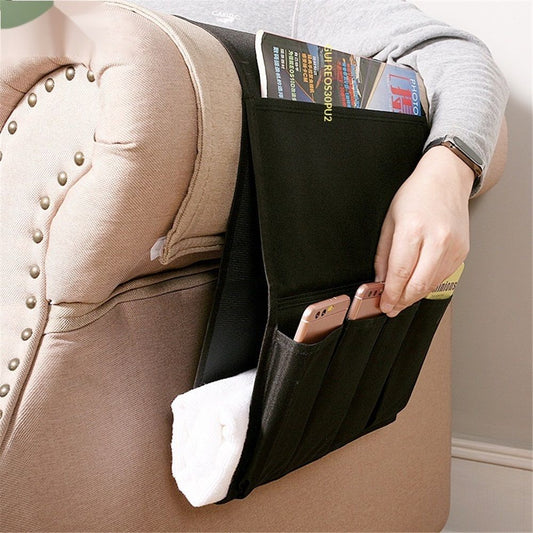 TV Remote Control Holder Couch Caddy, Non-slip Bedside Caddy Organizer with Pockets for Key Glasses Phone Magazine Holders (Black, 32.6"x12.8",Handbag only)