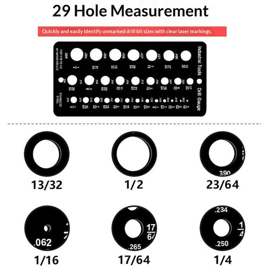 2 pack Stainless Steel Drill Gauge - 29-Holes Standard Metric Size, 1/16 Inch to 1/2 Inch Drill Bit Index, 1pc Black + 1pc Silver
