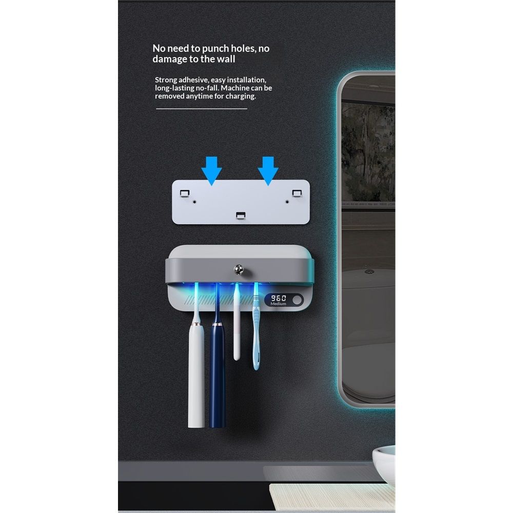 Toothbrush Dryer Holder, Heating Plate and Fan Drying Function, Rechargeable and Timing Tooth Brush Holder Wall-Mounted for Bathroom, No Drilling, 4 Slots