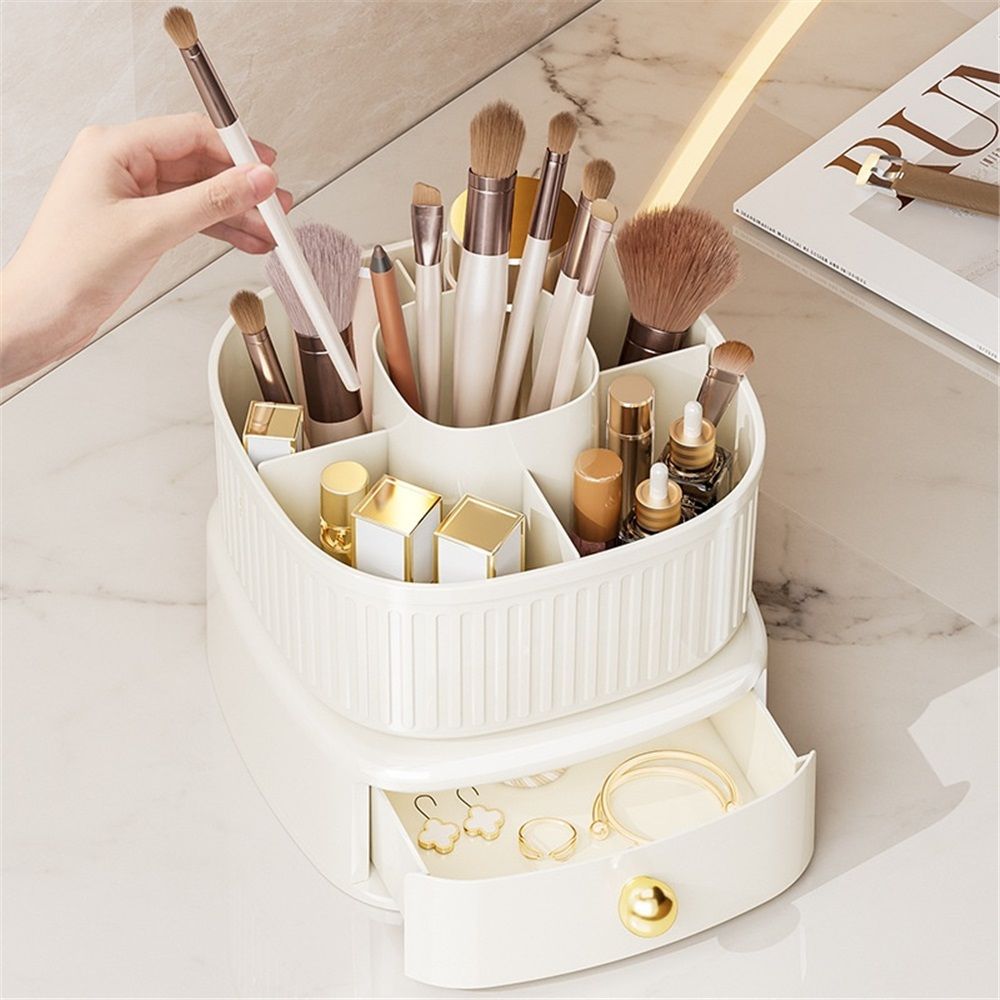 360 Degree Rotatable Pen Holder with Drawer, 5 Slots Office Desk Organizer Pen Holder for Desk Multi-Functional Pencil Box Desktop Stationary Organizer(milky white,Only makeup box available)