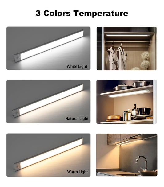 40cm silver LED light strip, wireless magnetic under-cabinet lighting, USB rechargeable, suitable for wardrobes, kitchens, and hallways.