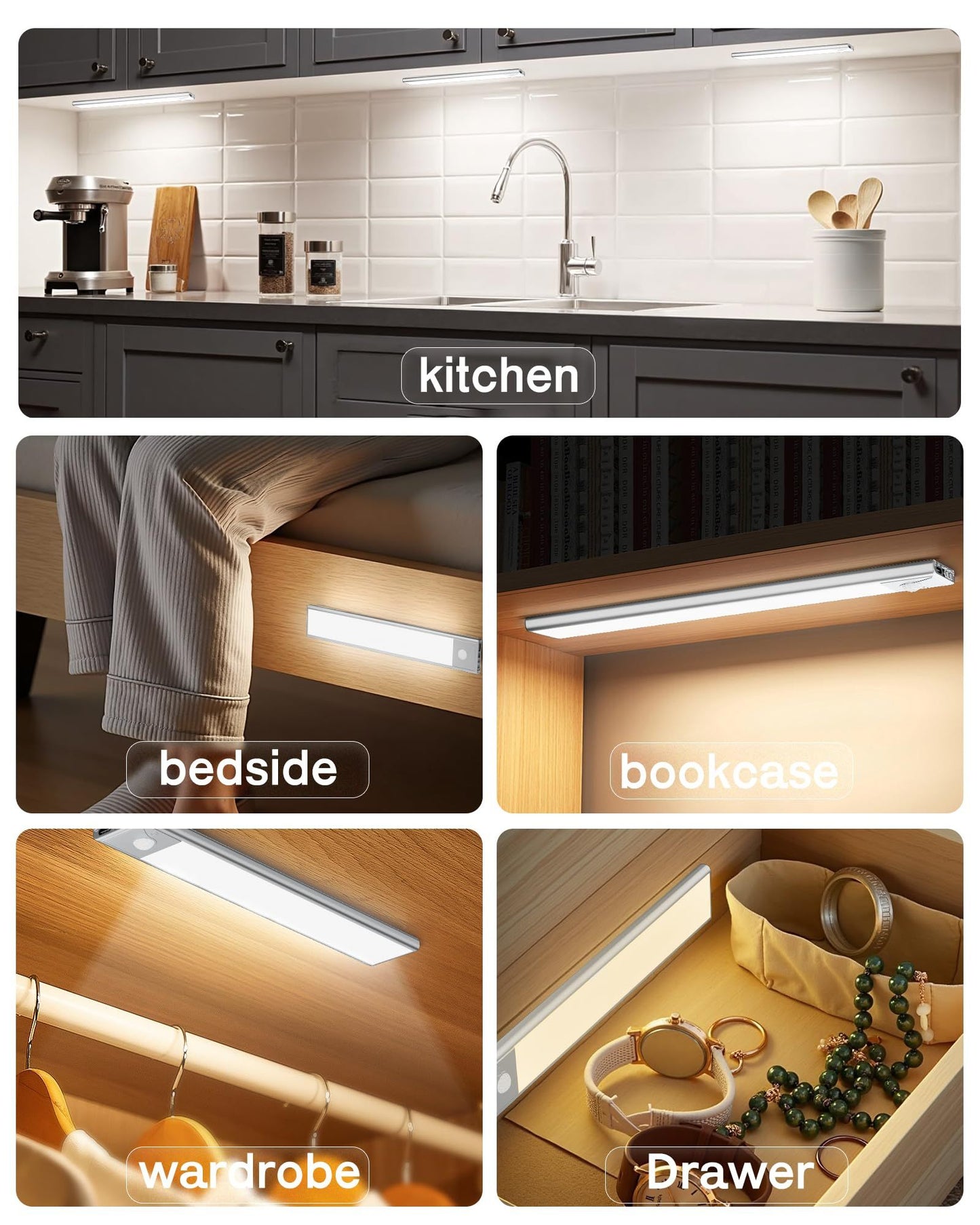 60cm black LED strip, wireless magnetic under-cabinet lighting, USB rechargeable, suitable for wardrobes, kitchens, and hallways.