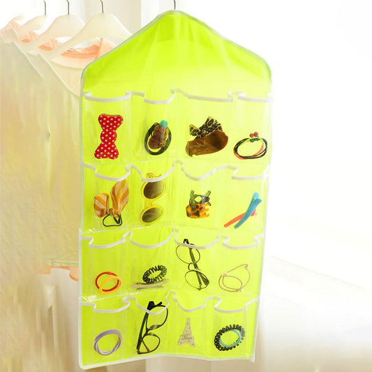 Green wardrobe hanging storage bag, portable 16-pocket hanging organizer bag, can store socks, bras and underwear, wardrobe organizer bag, back door storage bag.