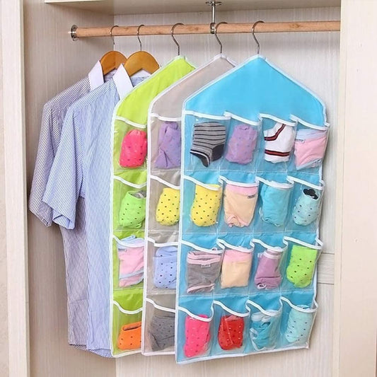 Blue hanging wardrobe organizer bag, portable 16-pocket hanging organizer bag, can store socks, bras and underwear, wardrobe organizer bag, back door storage bag.