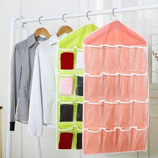 Pink wardrobe hanging storage bag, portable 16-pocket hanging organizer bag, can store socks, bras and underwear, wardrobe organizer bag, back door storage bag.