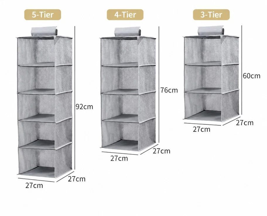 Cotton Linen Multi-Tier Hanging Garment Caddy, 5 Tier, Grey, Tidy Closet Layout