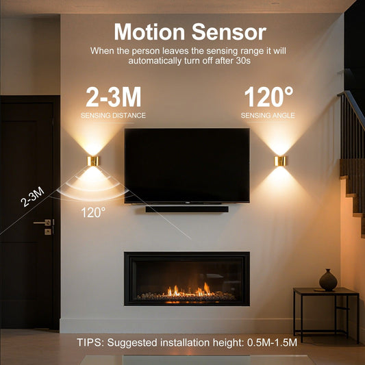 2PCS Induction wall lamp with three-color stepless dimming, 120° auto shut-off, USB rechargeable magnetic installation. Smart motion-sensing LED wall lamp, serving as both a night light and an ambient light./golden