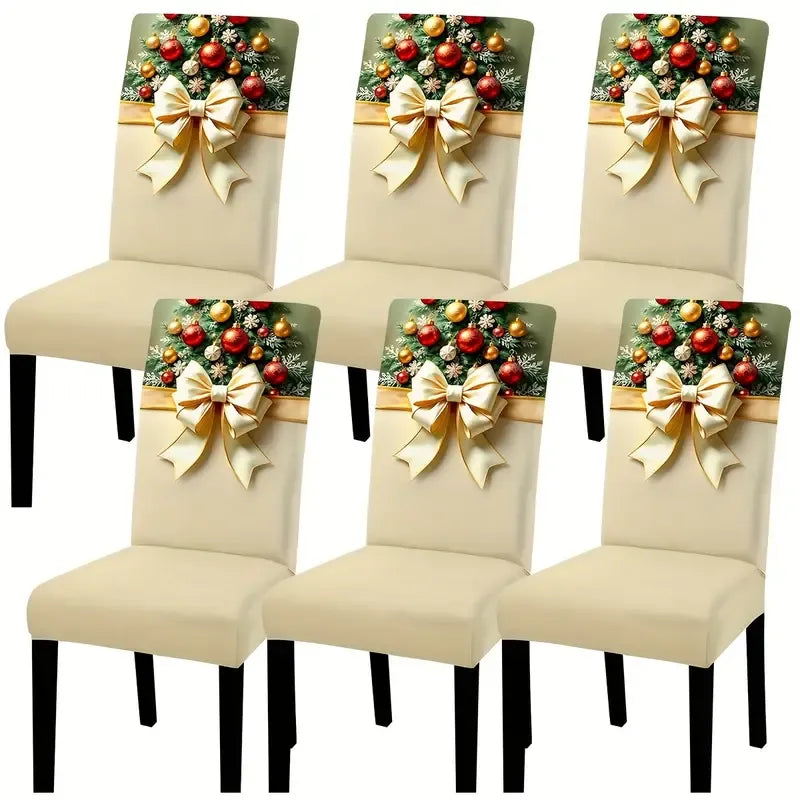 6PCS Christmas Stretch Dining Chair Covers | Snug-Fit Elastic Design, Printed with Ornaments, Snowflakes & Gold Bows, Removable & Machine Washable, Soft Stretch Protective Covers, Ideal for Holiday Gatherings & Home Décor