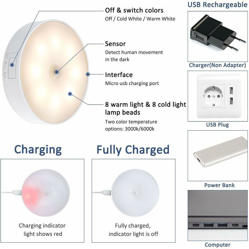 3 Pcs Indoor Motion Sensor LED Night Light Garage, Bedroom Corridor, Staircase USB Rechargeable LED Lamp