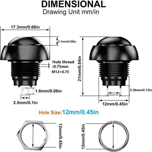 12mm Waterproof Momentary Push Button Switch SPST ON/OFF 12pcs 3A/3V-5V-9V-12V-24V-230VAC Round for Car Horn PC Table Lamp Home Doorbell