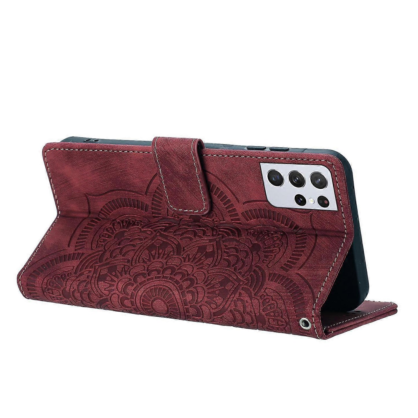 Mandala Embossed Retro Frosted Leather Phone Case Red For Samsung Galaxy S21 Ultra 5G