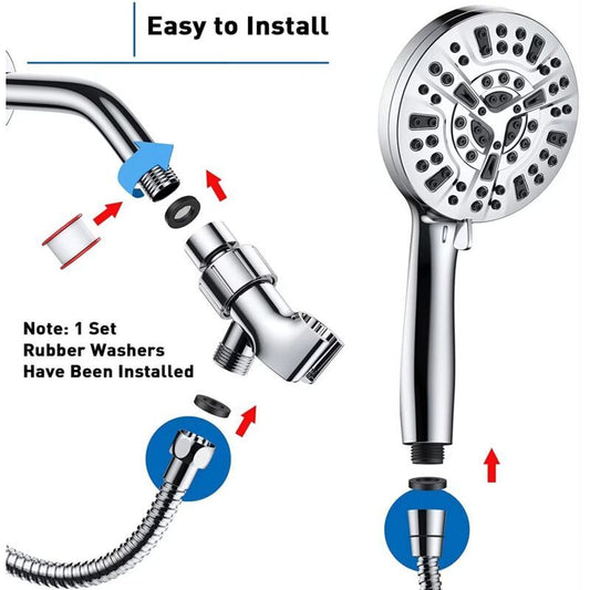 Square Shower Head with Hose Chrome 10 Mode Adjustable High Pressure Hand Shower, 1.5M Hose