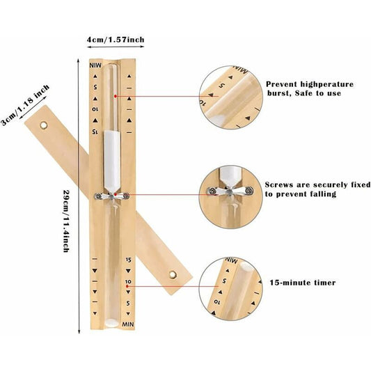 Sauna Hourglass, 15 Minutes Sauna Hourglass, Wooden Hourglass, Sauna Accessories with 2 Screws, for Saunas, Steam, Showers White Sand