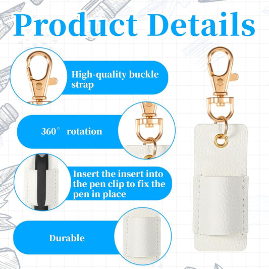 2 Pcs Pen Holder for Lanyard, White PU Leather Anti-Lost Lanyard Pen Clip Retractable Pens Holder Clip Keychain, Portable Pouch Pocket Pens Holders for Pencil Badges Clipboard Nurses Office School