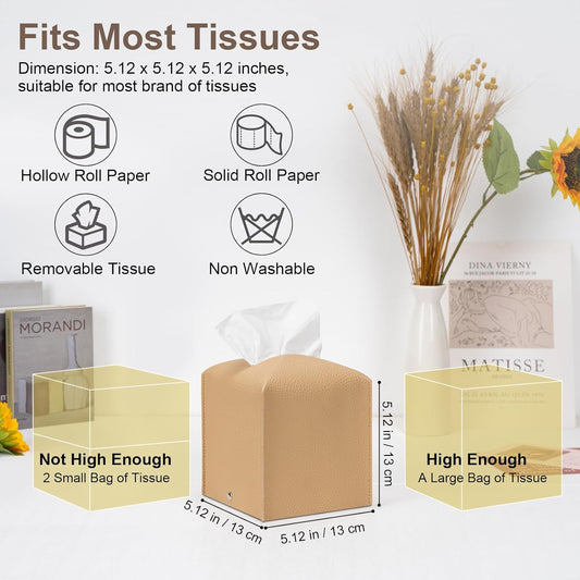 2 Pcs Square Cream Tissue Box Cover PU Leather Decorative Tissue Organizer Dispenser Holder for Bathroom, Desk, Home, Car, Office, 5.12" X 5.12" X 5.12"