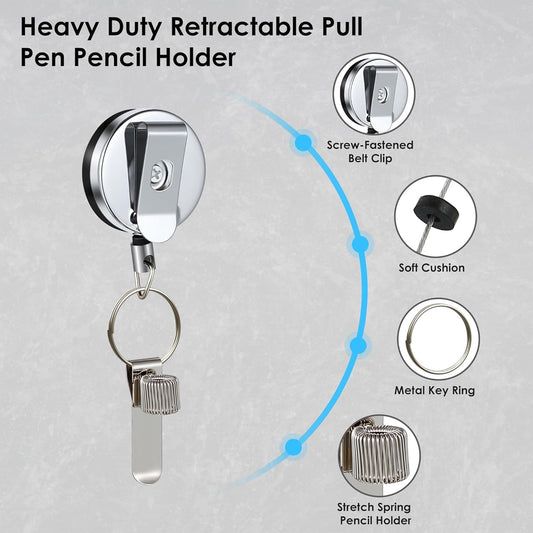 Landhoow 2 Pcs Retractable Pull Pen Pencil Holder, 27.5'' Retractable Pen Holder for Carpenters, Workers, Nurses, Bricklayer, Waiter, Universal Pencil Lanyard with Belt Clip and Key Ring