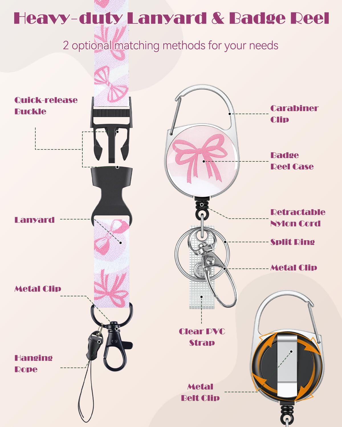Fashionable Sliding Badge Holder Bowknot Pattern & Leopard Print Plastic Card Holder with Retractable Badge Reel Carabiner & Detachable Lanyard Vertical Card Protector