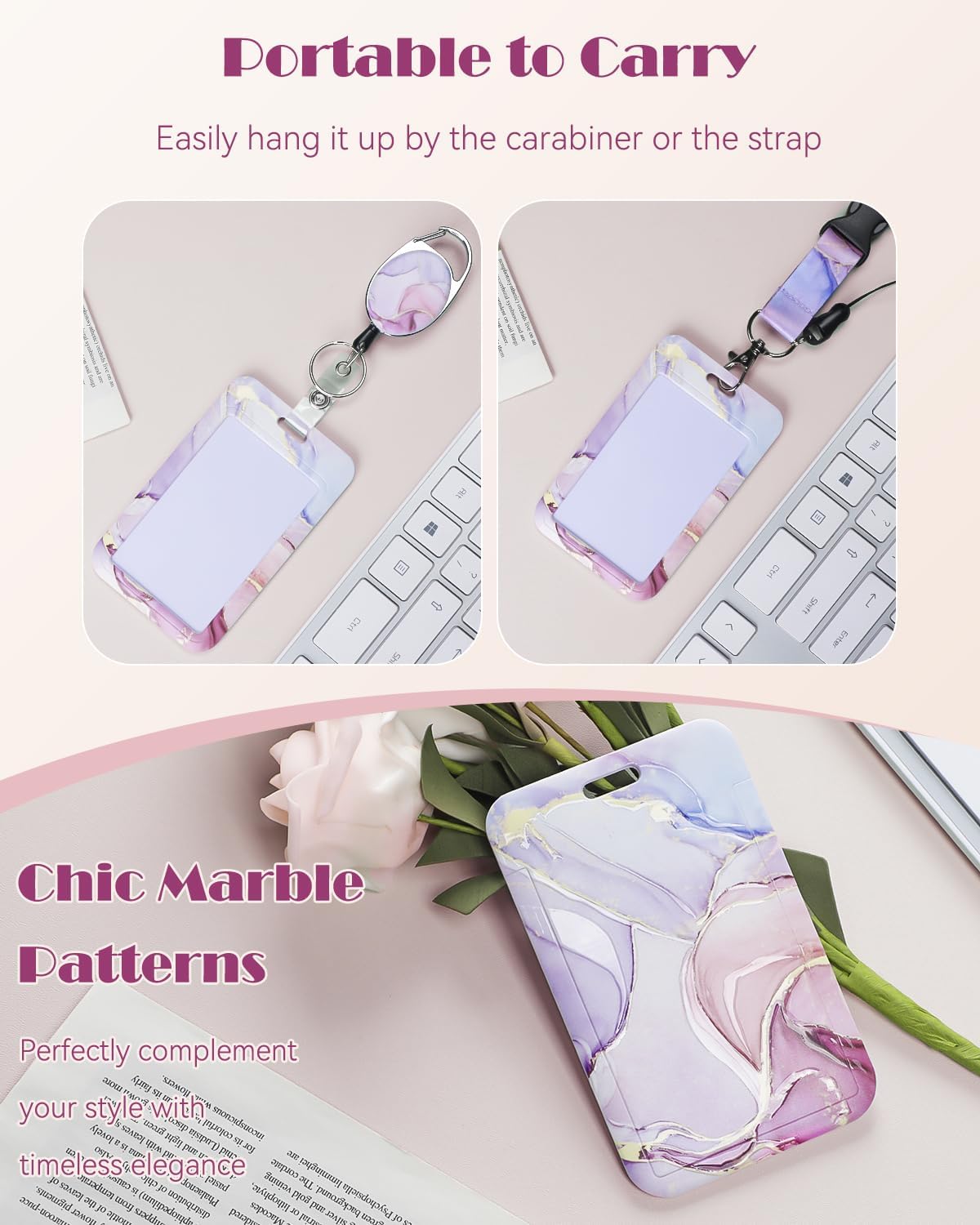 Pink Marble Pattern & Snow Leopard Print Plastic Card Holder with Retractable Badge Reel Carabiner Detachable Lanyard Vertical Card Protector for Office Worker Student