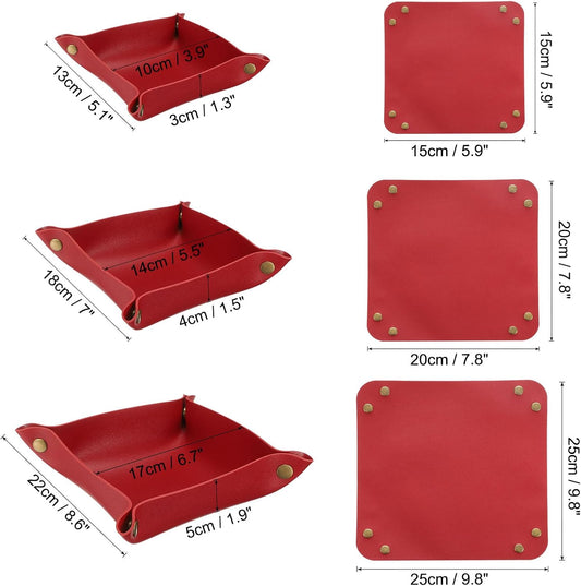 3 Pack PU Leather Tray, Jewelry Tray for Women and Men, Glossy Leather Desk Organizer Portable Catchall Tray for Jewelry Key Coin Watch Wallet, Red