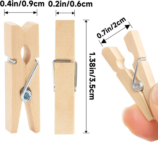 Mini Clothespins Wooden - Small Clothes Pins for Crafts 1.4 Inch,50 Pcs Natural Clothespins Clips with Jute String for Hanging Pictures,Photo Displays,Baby Cloth,Classroom Arts