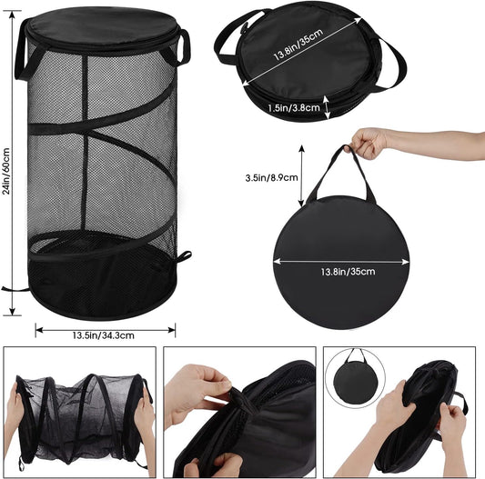 Large Collapsible Laundry Basket with Lid Foldable Mesh Pop Up Hamper with Handles for Laundry Room, Bathroom, Kids Room, College Dorm, Travel, Storage Organizer Black