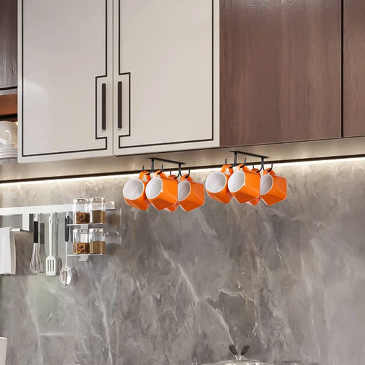 Under Cabinet Industrial Mug Holder - Space-Saving Hanging Rack for Mugs, Cups & Kitchen Accessories - 4 Hooks - 2 Pack