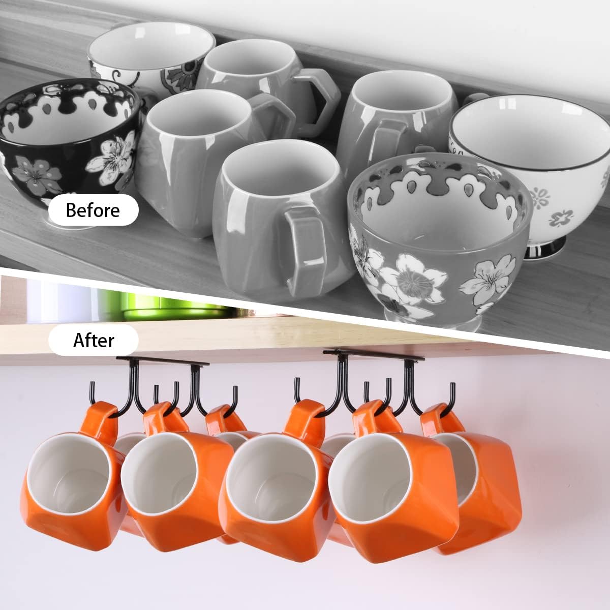 Under Cabinet Industrial Mug Holder - Space-Saving Hanging Rack for Mugs, Cups & Kitchen Accessories - 4 Hooks - 2 Pack