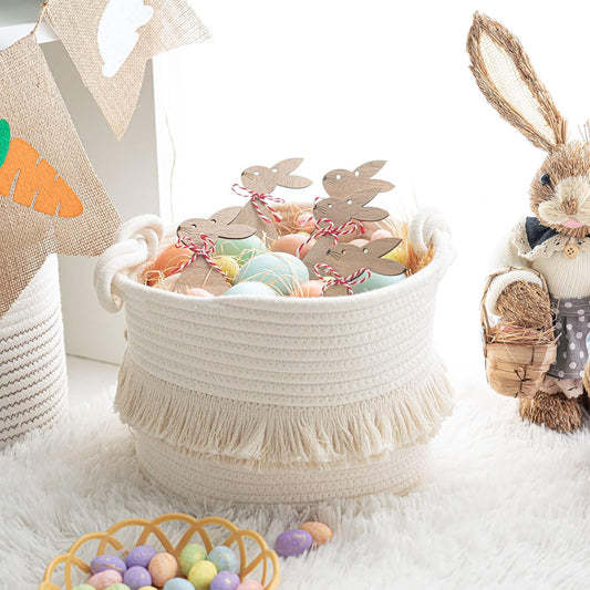 Cotton Storage Basket with Tassels 18x24cm White Decorative Woven Organizer for Bedroom Living Room Kids Room Boho Style