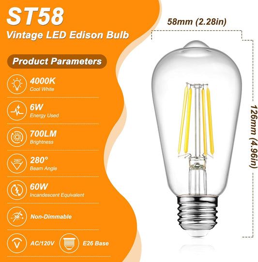 Vintage LED Edison Bulbs, 6W, Non-Dimmable, Equivalent 60W, High Brightness Cool White 4000K, ST58 Antique LED Filament Bulbs with 80+ CRI, E26 Medium Base, Clear Glass, 6 Packs