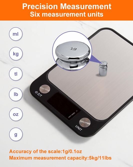 Food Scale,Digital Kitchen Scale, Stainless Steel, Weight in Grams, Ounces, Milliliters and Pounds, Ideal for Meal Prep, Cooking, and Baking