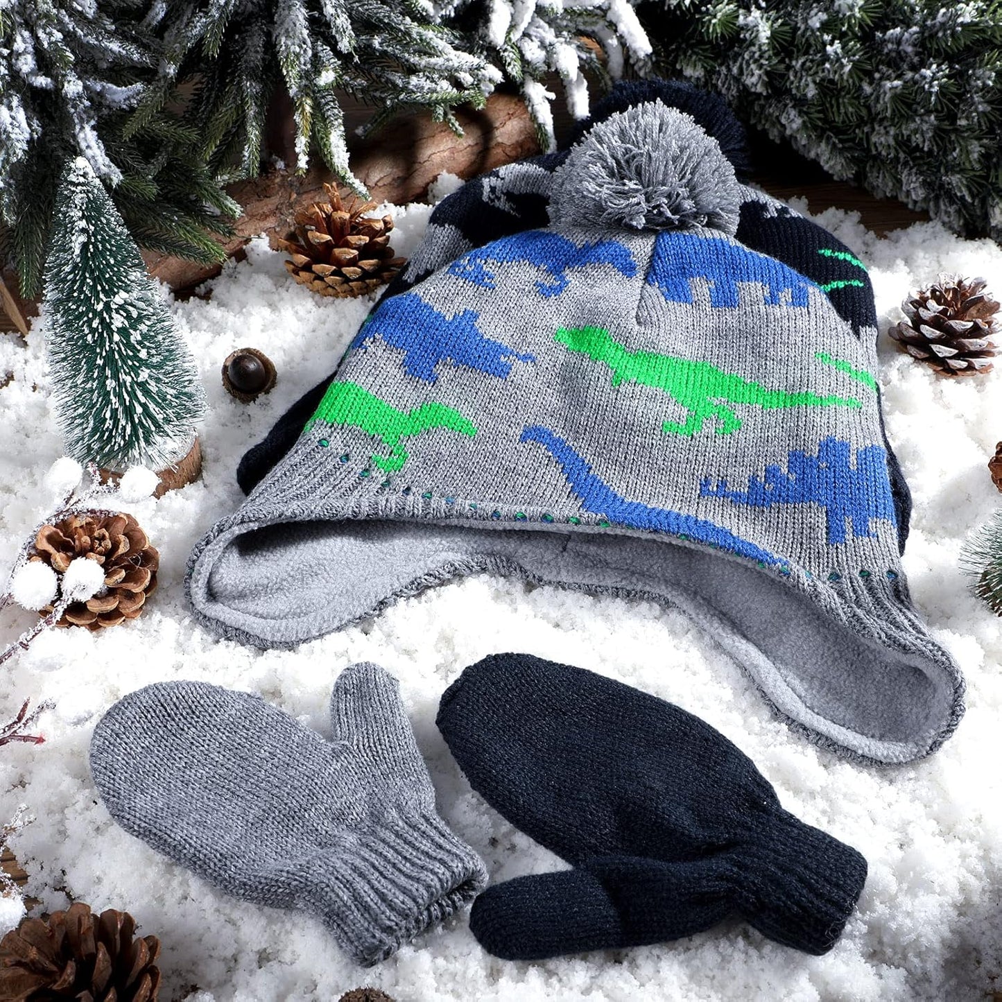 4 PCS Baby Boy Toddler Dinosaur Hat and Glove Set Boys Winter Hat Beanie Kids Gloves Winter Earflap Beanie Fleece Skiing Caps with Warm Ear Flap (Grey, Navy Blue, Green, Blue)