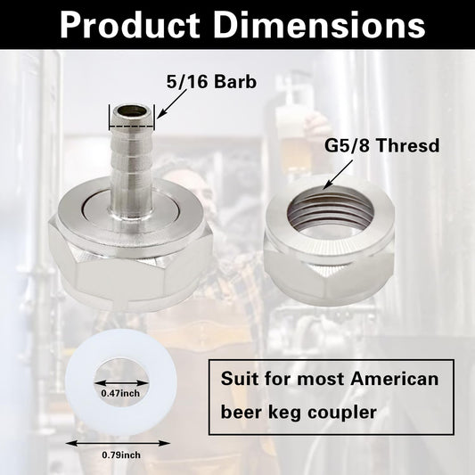Keg Coupler Barb Connector, 5/16'' Barb x G5/8 Thread Stainless Steel 304 Beer Kegerator Sankey Couplers Hex Nut Beer Line Tailpiece Nipple Fitting with Sealing Gasket Washer(2 Pack)
