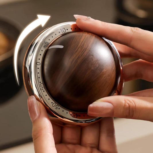 Modern Mechanical Kitchen Timer with Wood Grain Design, Stainless Steel Base, Easy-to-Use Cooking Timer for Home