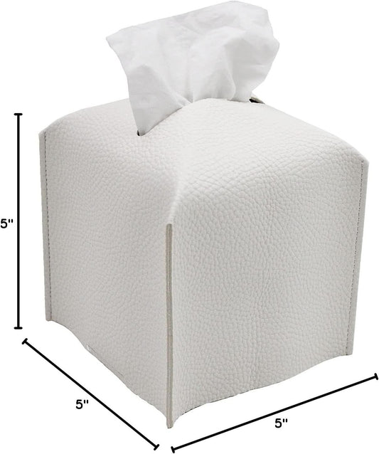 Tissue Box Cover, Modern PU Leather Tissue Box Holder - Decorative Holder/Organizer for Bathroom Vanity Countertop, Night Stands, Office Desk & Car - Off White