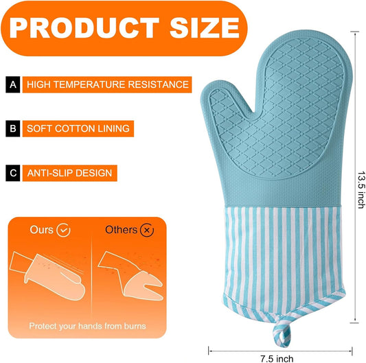 Silicone Oven Mitts, Heat Resistant Oven Gloves with Quilted Liner, Waterproof & Non-Slip Kitchen Mittens for Baking Cooking BBQ, 500°F, 13.5"-Nordic Blue