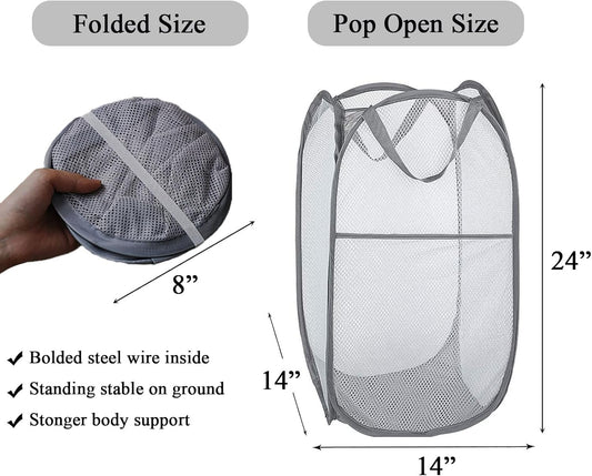 2 Pcs Popup Mesh Laundry Baskets, Collapsible and Portable Clothes Washing Laundry Hampers with Reinforced Carry Handles, Gray Clothes Hamper for Home, Travel, College Dorm