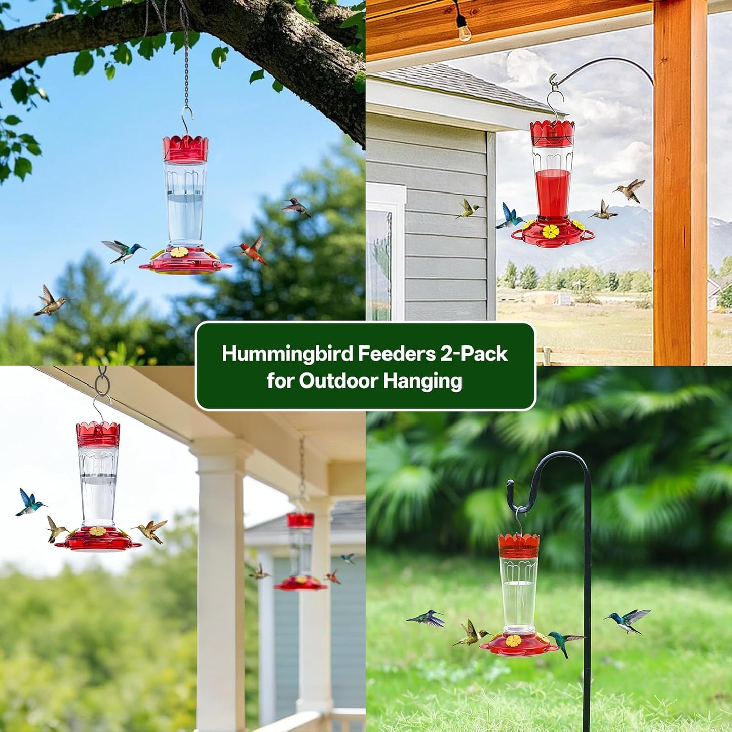 Plastic Hummingbird Feeder, 2-Pack 14 OZ Ant & Bee Proof Hummingbird Feeders for Outdoors Hanging, Leak-Proof Nectar Feeders with 4 Feeding Ports and Perches, Gifts for Mom, Birdlovers