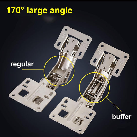 Spring-loaded hinge, 170 degrees, for kitchen cabinets, door hinges, large angle door hinges, angle stop, self-closing hinge, 4 pieces, improved version with buffer damping