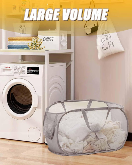 Mesh Collapsible Laundry Basket with Pockets and Reinforced Carry Handles, Foldable Dirty Clothes Pop up Laundry Hamper for Dorm Bathroom Bedroom Travel Dorm Camping (1, Grey)