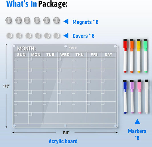 Acrylic Fridge Calendar, Magnetic Monthly Planner with 8 Color Markers, Clear Dry Erase Board for Events/Meetings/Shopping Lists - 14.5 * 11.5''