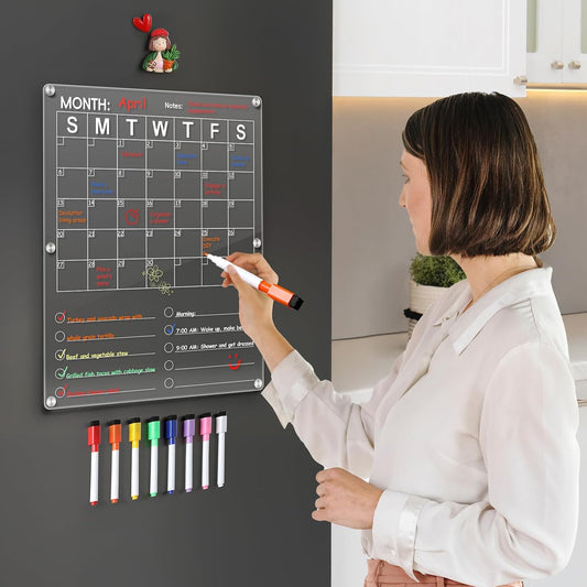Large Acrylic Magnetic Calendar for Refrigerator, 2in1 Clear Fridge Calendar, Monthly Planning Board with to Do List, Businees Meetings/Grocery 8 Color Markers -14.5''*11.5'' -