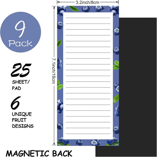 9 Pack Magnetic Notepads for Refrigerator, Fruit Design Grocery List Pad Fridge, Full Magnet Back Shopping Lists, 25 Sheets Per Note Pads -