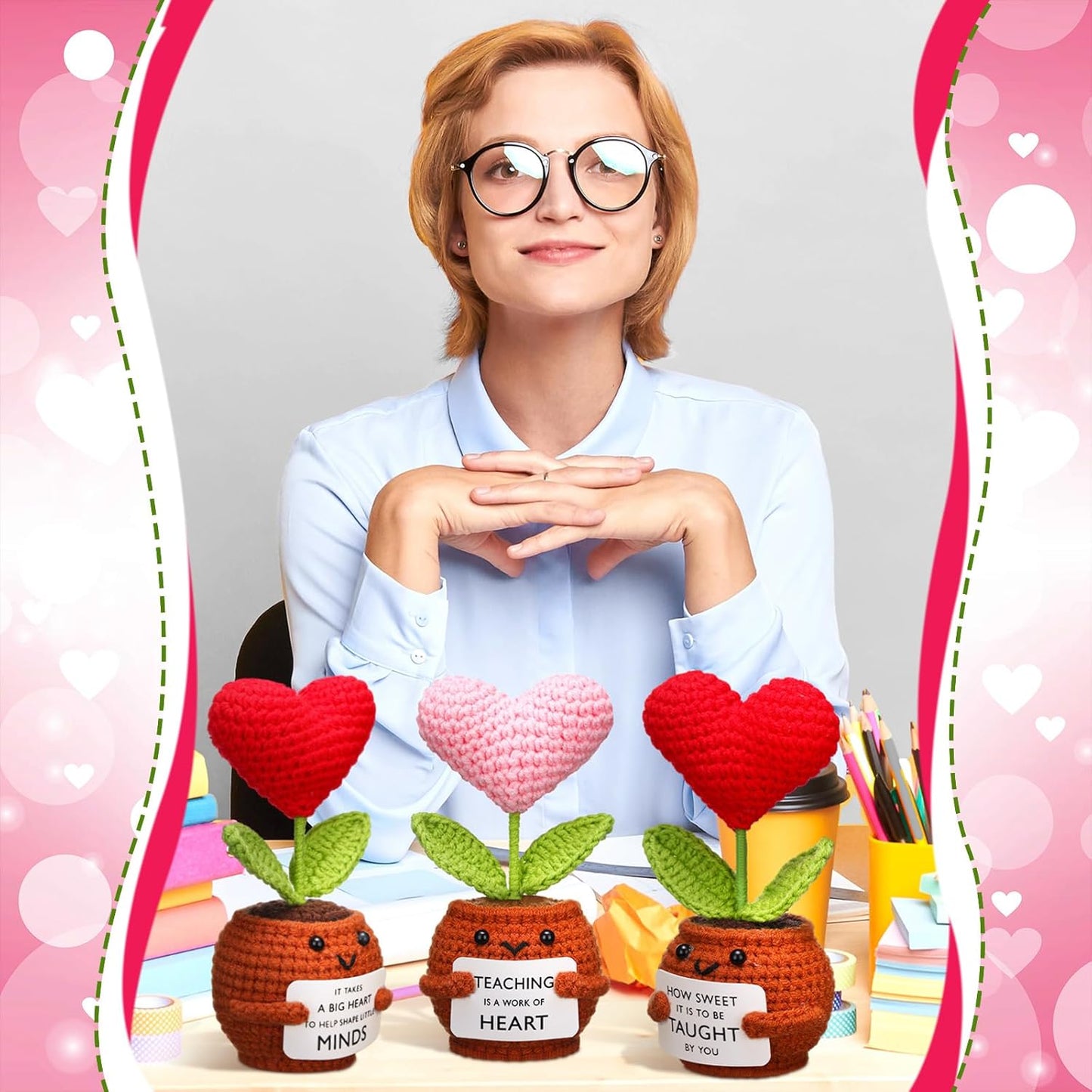 3 Pcs Teacher Appreciation Gifts Easter Gift Positive Flower Handmade Crochet Doll Thank You for Helping Me Grow Teachers Week(Heart) -