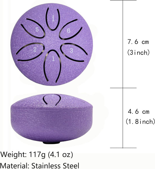 Ethereal Drums - Mini Steel Tongue Drum Kit - for sound healing, meditation and yoga - 3" 6-note - Great for beginners and relaxation - Lavender Purple - Mallets + Tabs + Bag