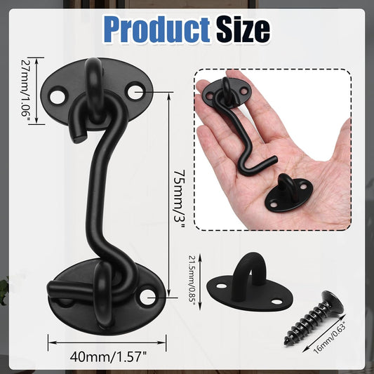Biaungdo Heavy Duty Hook and Eye Latch, 3 Inch Black Privacy Hook Barn Door Lock Easy Lock, Stainless Steel Gate Latch for Doors/Windows/Sheds/Gates/Fences/Closets/Cabinets, 1 Pack
