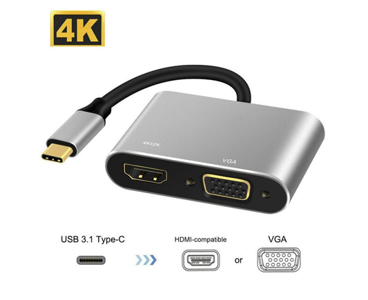 2 in 1 4K Ultra High Clarity USB 3.1 Type-C to HDMI-compatible VGA Converter Adapter for MacBook PC Silver